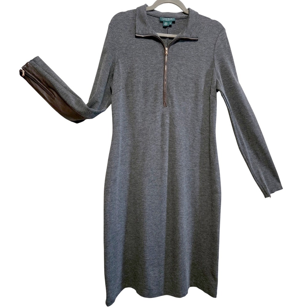 Ralph Lauren Designer Chic Grey Zip Dress Lamb Leather Sleeve Detail Size‎ 12